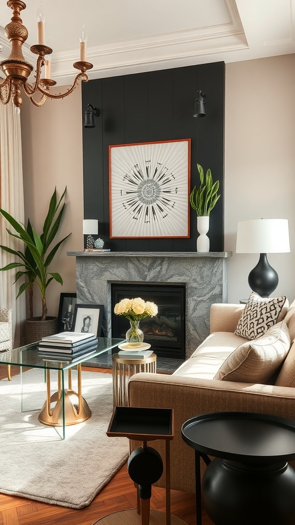 A stylish living room that blends Art Deco with contemporary elements, featuring a gray marble fireplace, glass coffee table, and bold wall art.