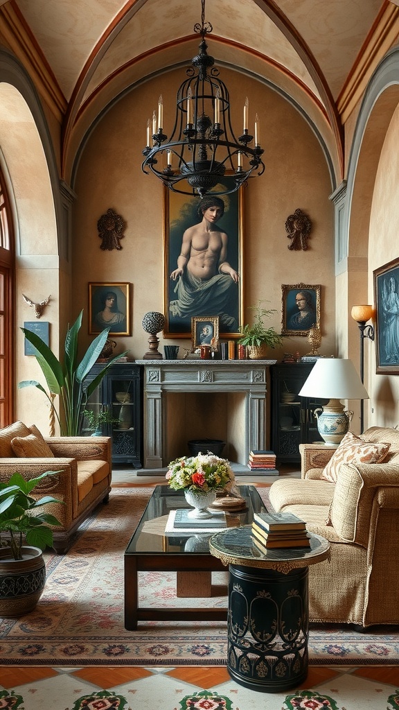 A living room combining Mediterranean and Gothic styles, featuring arched ceilings, elegant furniture, and striking art.