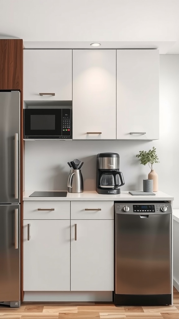 Compact kitchen with stylish appliances including a microwave, coffee maker, and dishwasher.