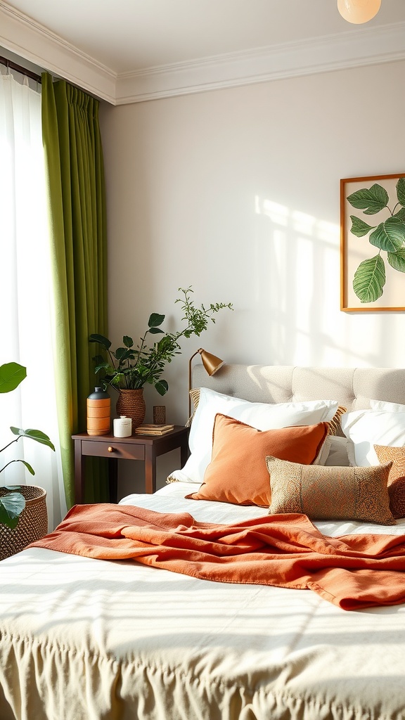 A cozy bedroom featuring green curtains, terracotta pillows, and plants, creating a warm and inviting atmosphere.