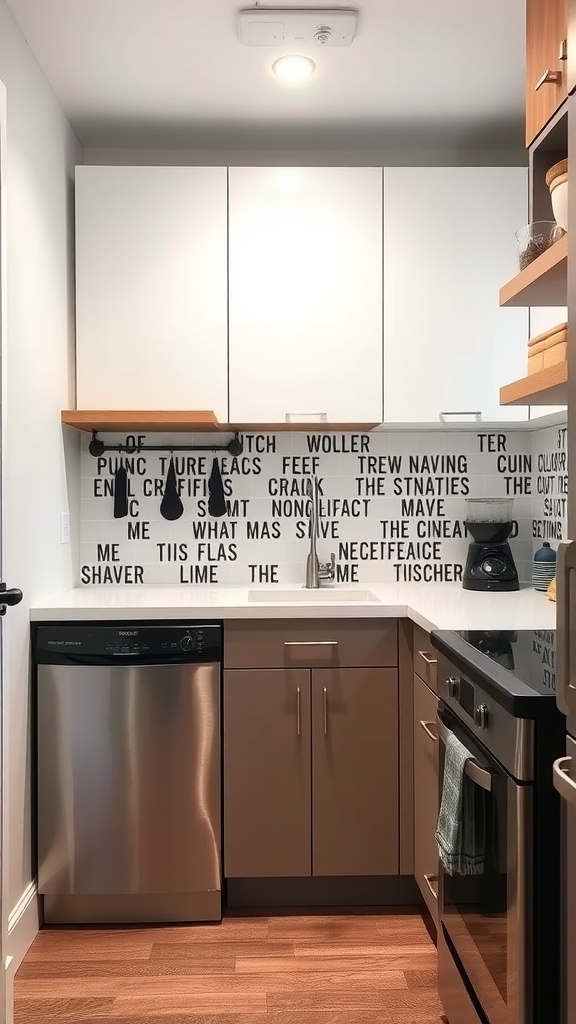 A stylish tiny kitchen featuring a unique printed backsplash with typography, modern cabinets, and wooden shelves.