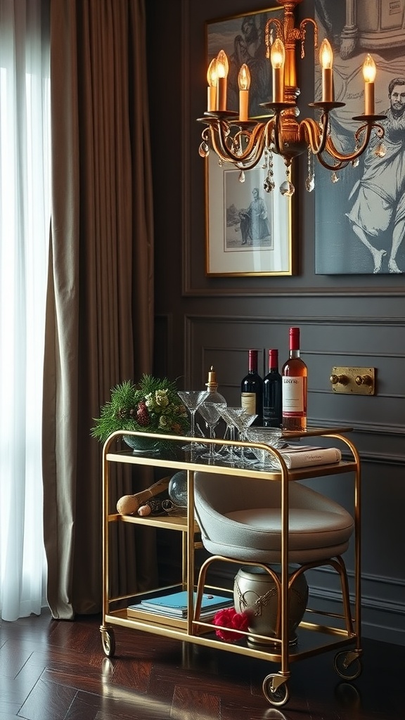 A stylish gold bar cart with wine and glassware in a luxurious dining room setting.