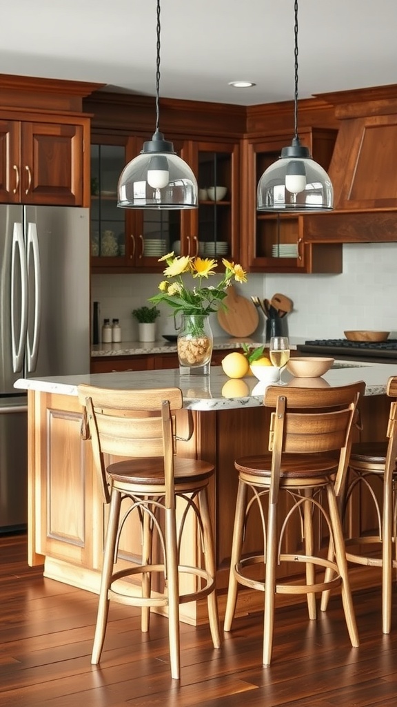 Stylish wooden bar stools in a rustic modern kitchen setting