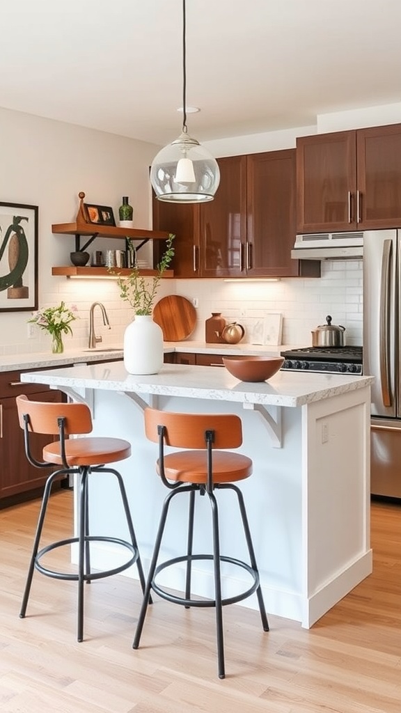 Modern small kitchen featuring stylish bar stools at a counter