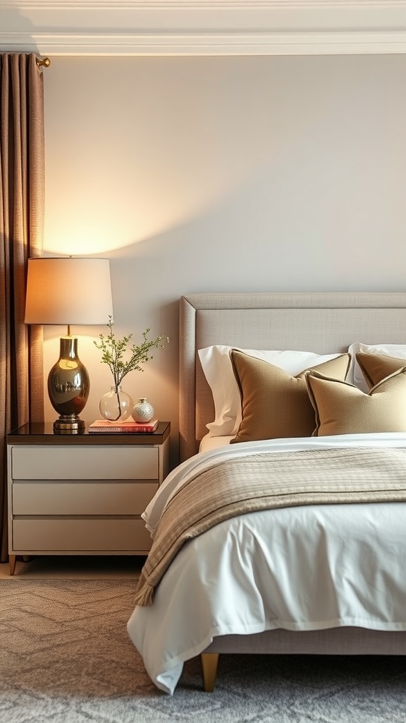 Stylish bedside table with a lamp, decorative items, and storage drawers in a master bedroom.