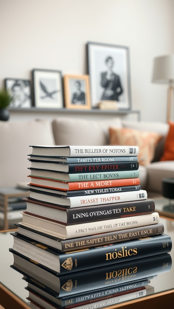 A stack of stylish coffee table books displayed in a cozy living room setting.