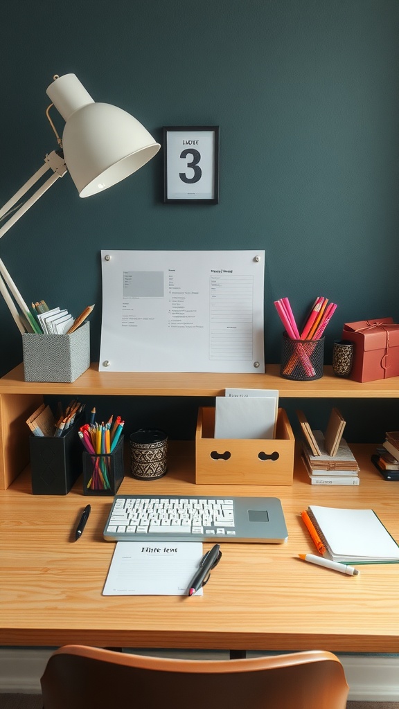 Stylish and organized home office desk with lamp, colorful stationery, and storage boxes.
