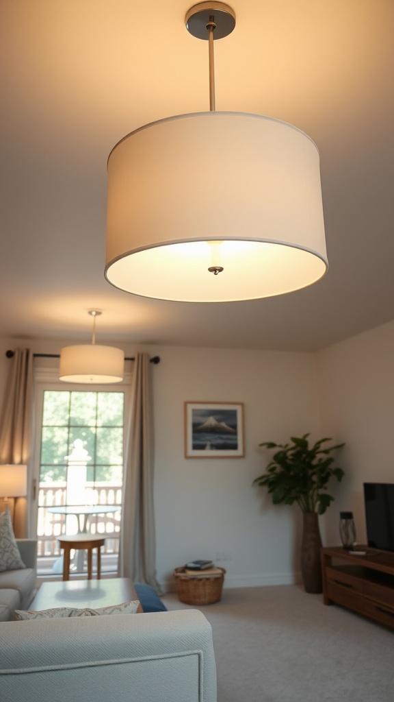 Stylish drum shade lighting in a cozy living room