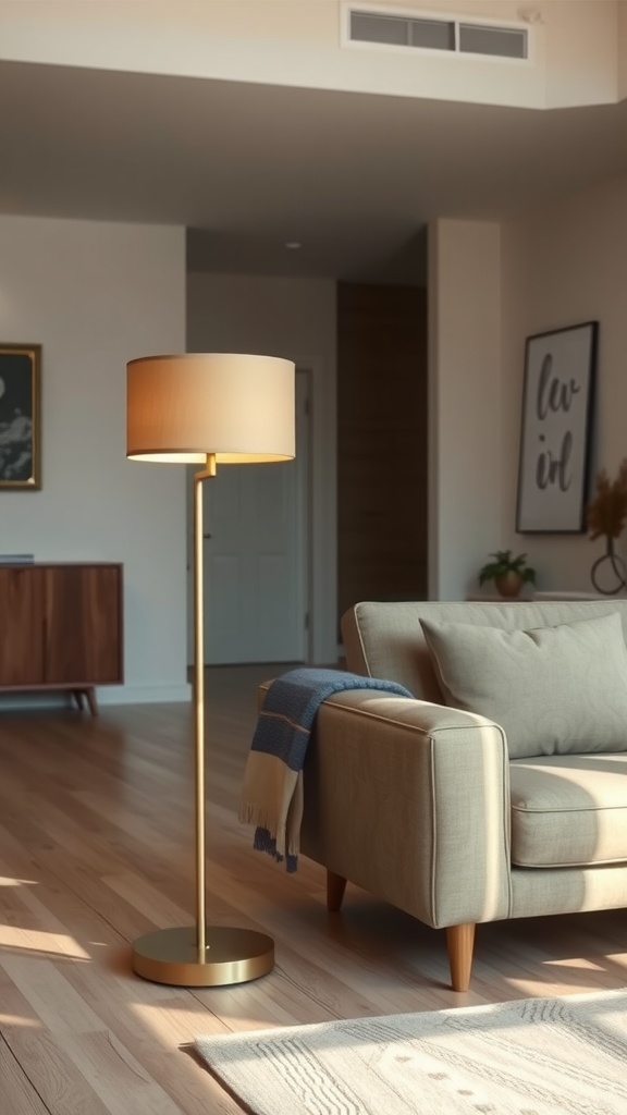 A stylish gold floor lamp next to a beige couch in a modern living room.