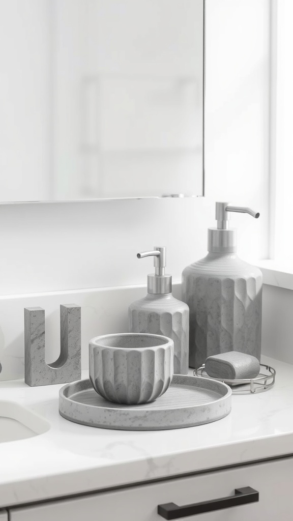 Gray and white bathroom accessories on a countertop including a soap dispenser, lotion bottle, bowl, and tray.