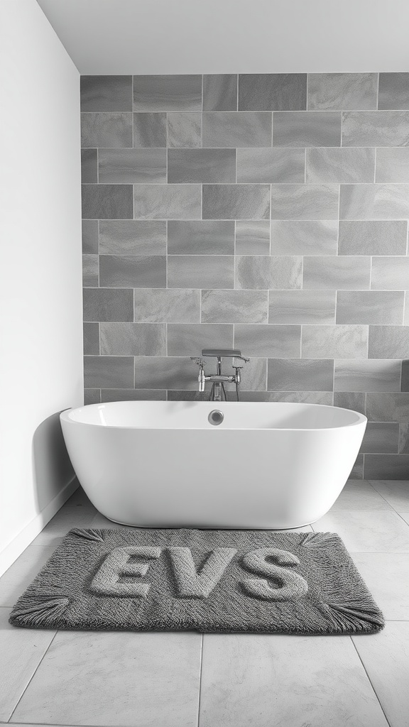 A modern bathroom featuring a white bathtub and a gray mat with the letters 'EVS' on the floor.