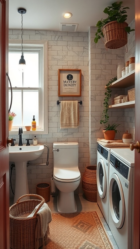 Cozy laundry area featuring white appliances, a patterned rug, plants, and woven baskets.