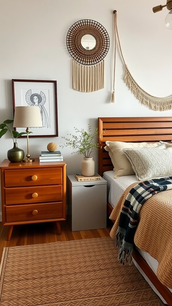 A cozy bedroom featuring a wooden nightstand with a lamp and a white nightstand with books, surrounded by Boho decor.