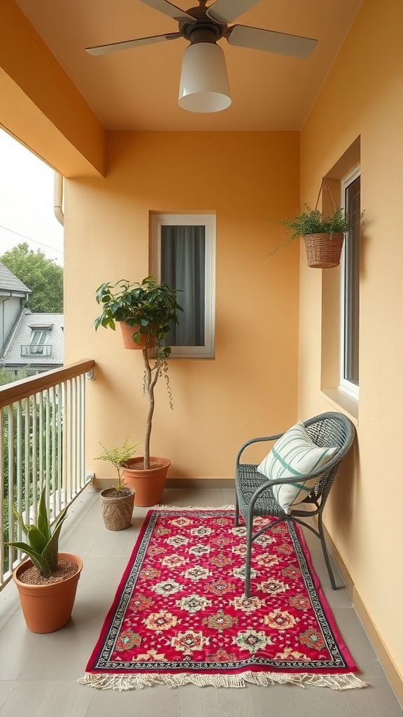 A small balcony featuring a vibrant red outdoor rug, a wicker chair, and potted plants against a warm orange wall.