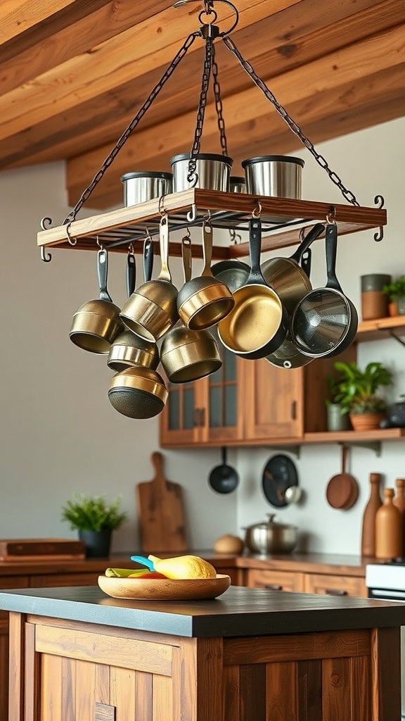 A stylish pot rack with hanging metallic pots and a wooden frame in a rustic modern kitchen.