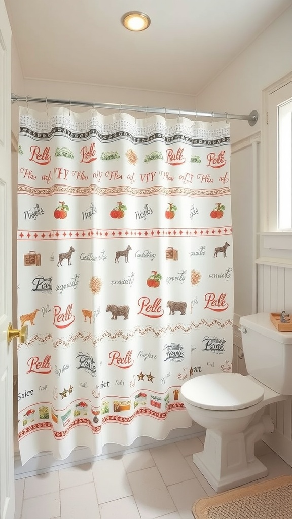 Stylish shower curtain with rustic motifs for a farmhouse bathroom