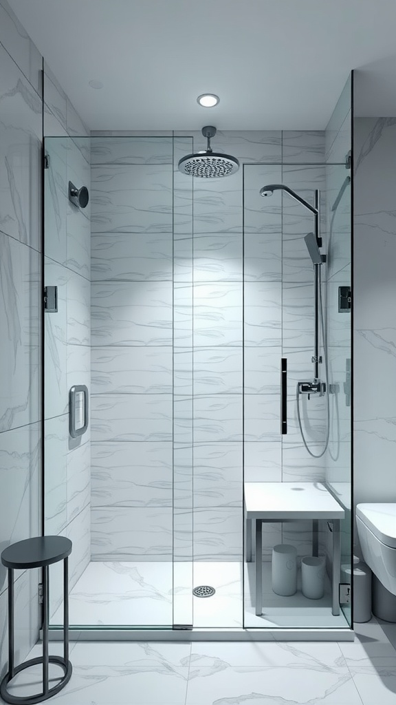 A modern luxury bathroom with a sleek glass shower enclosure, marble-patterned tiles, and stylish accessories.