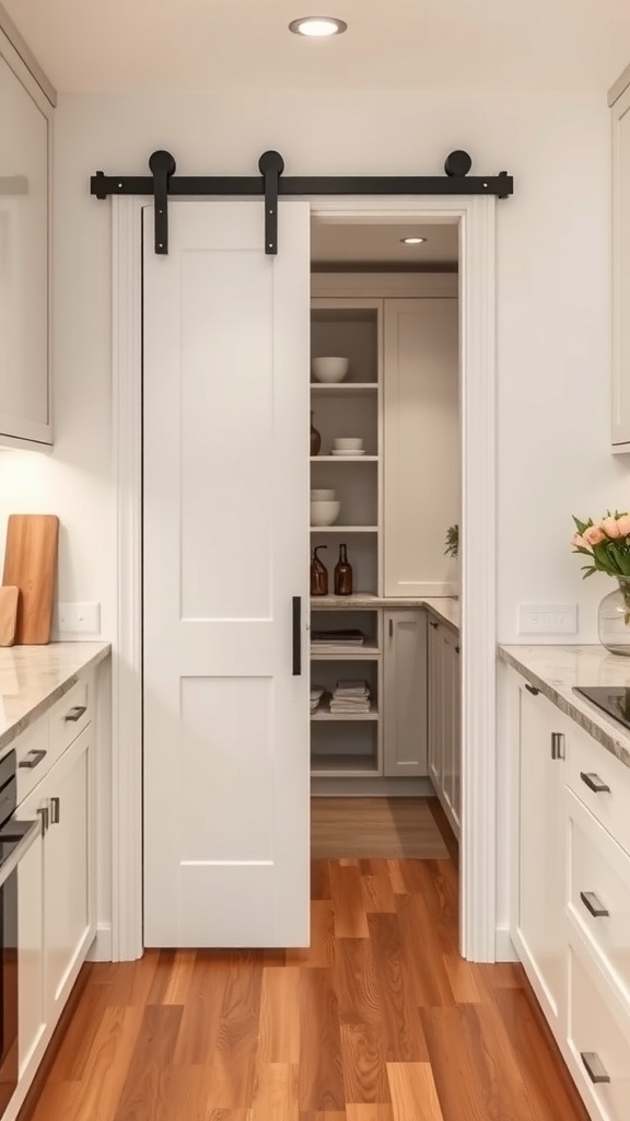 Stylish sliding pocket door leading to a pantry with wooden floor