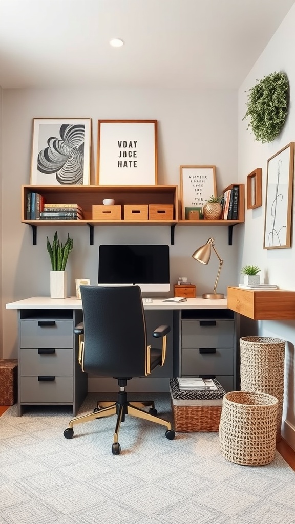 A small feminine home office with stylish storage solutions, featuring a desk, shelves, and decorative items.