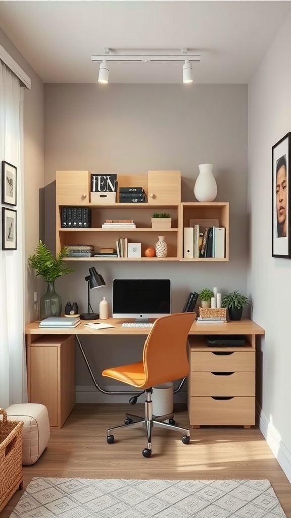 A modern small office setup with a wooden desk, orange chair, and organized shelving.