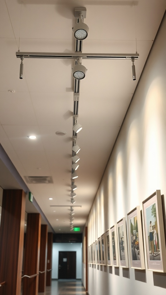 Stylish track lighting installed in a hallway, highlighting wall art along one side.