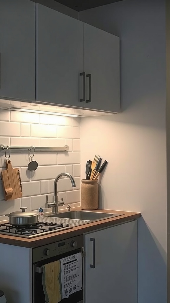 A small kitchen displaying stylish under-cabinet lighting, highlighting white tiles and a modern setup.