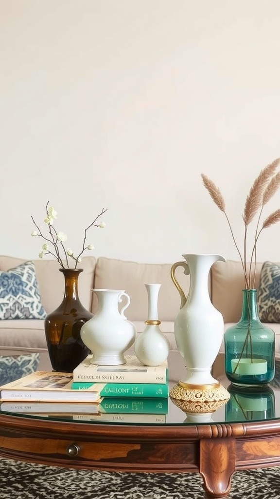 Aesthetic living room design featuring vintage vases and books on a coffee table