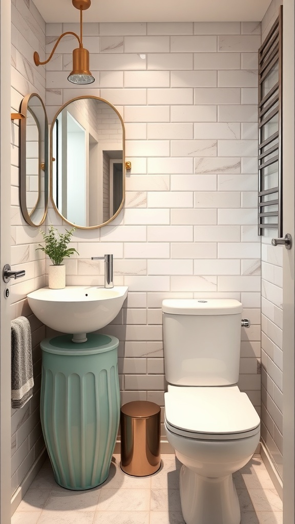 A small bathroom featuring a modern silver waste bin next to a sink and toilet, with white tiled walls and wood flooring.