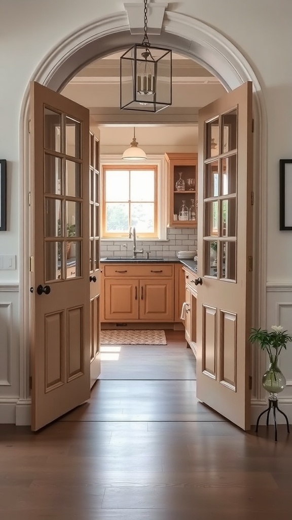 Stylized French doors opening into a cozy kitchen pantry