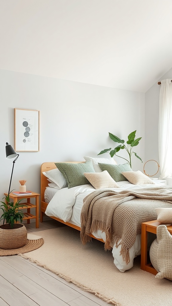 Cozy Scandi Boho bedroom with a subdued color scheme featuring greens, warm neutrals, and natural wood.