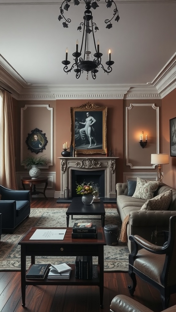 A stylish living room featuring gothic elements and modern minimalism, with ornate chandelier, classic artwork, and contemporary furniture.
