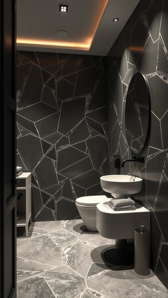 A modern bathroom with geometric patterns on the walls, featuring a round mirror, minimalist sink, and toilet.