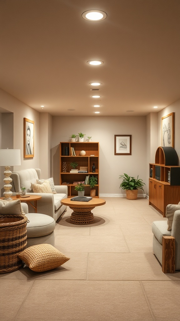 A well-decorated basement with subtle beige walls, warm lighting, and cozy furniture.