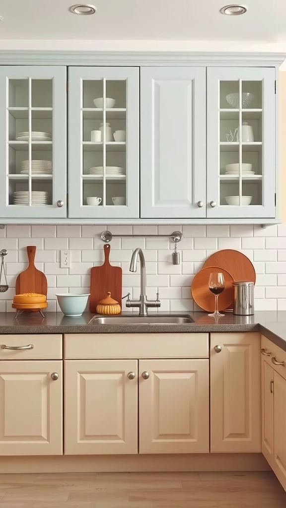 A kitchen featuring beige lower cabinets and light blue upper cabinets with glass doors.
