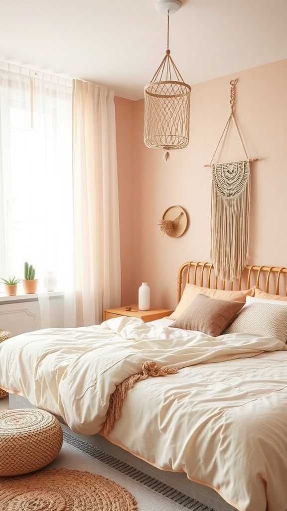 A cozy pink boho style bedroom featuring a wooden bed, soft bedding, and woven decor.