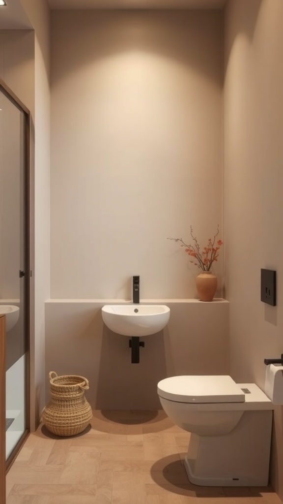 A minimalist bathroom featuring earth tones, a small sink, toilet, and decorative elements.