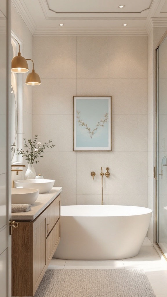 A bathroom featuring cream walls, light blue accents, and a white bathtub.