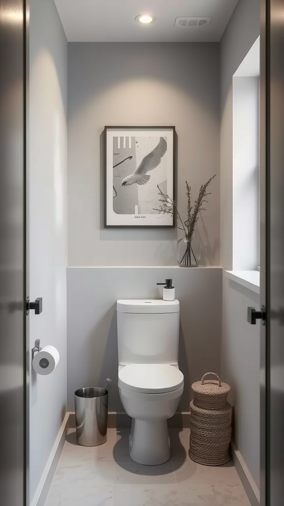 Small bathroom painted in subtle gray with modern fixtures and decor.