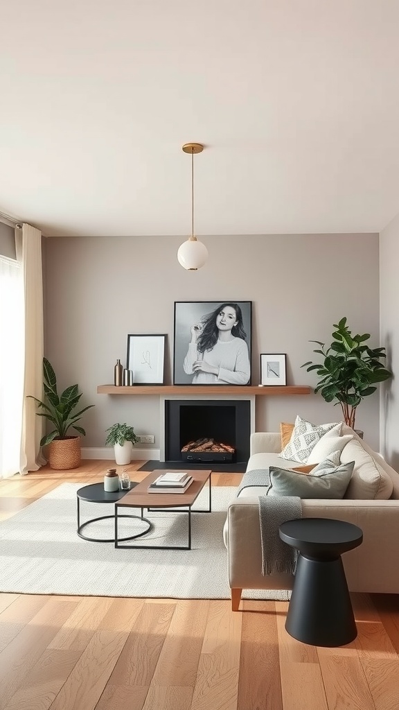 A stylish living room featuring greige walls, a light gray sofa, a black coffee table, and potted plants.