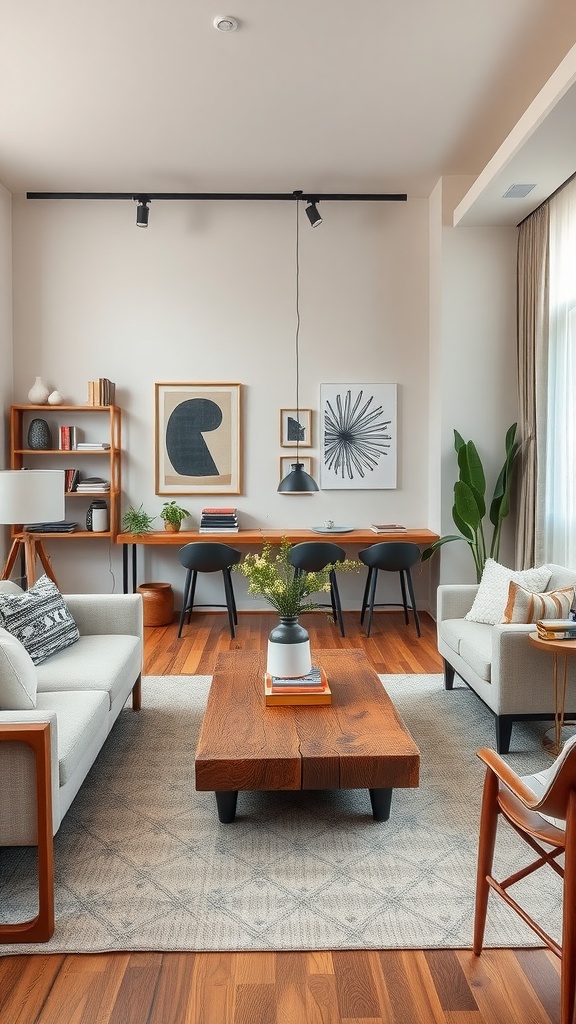 A modern living room featuring rustic wood accents, light furniture, and artistic decorations.