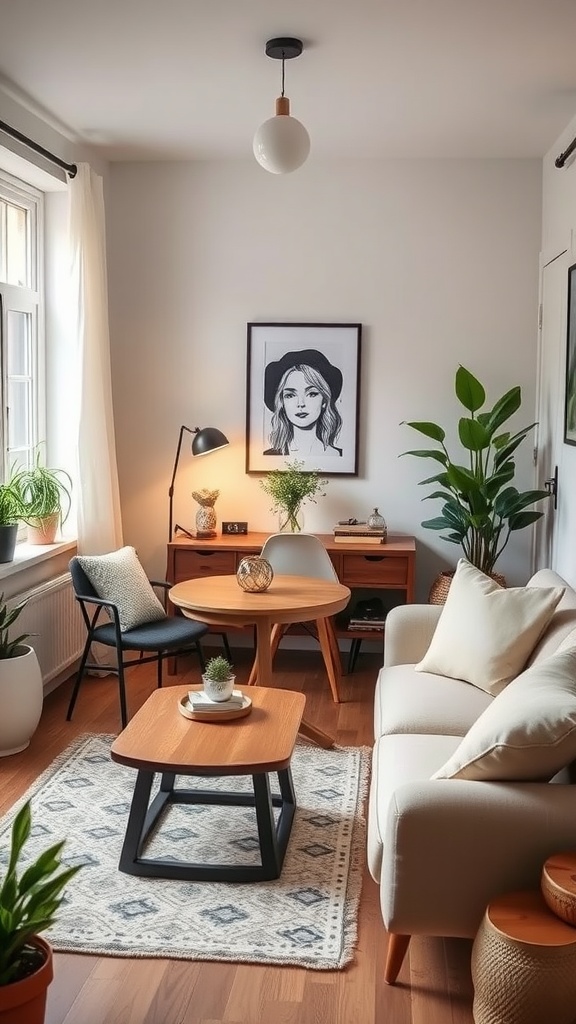 Cozy small living room with a dining table, plants, and artwork on the walls.