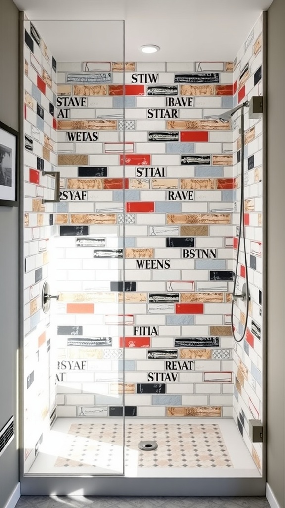 A stylish walk-in shower featuring creatively arranged subway tiles with bold letters and colors.