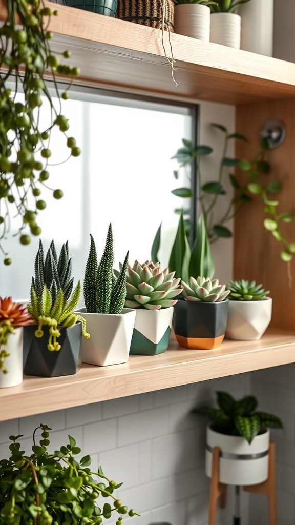 A shelf with various succulents in decorative pots, showcasing a green and lively bathroom decor