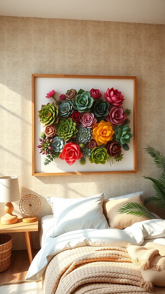 Colorful succulent wall art in a wooden frame above a cozy bed in a boho-themed bedroom.