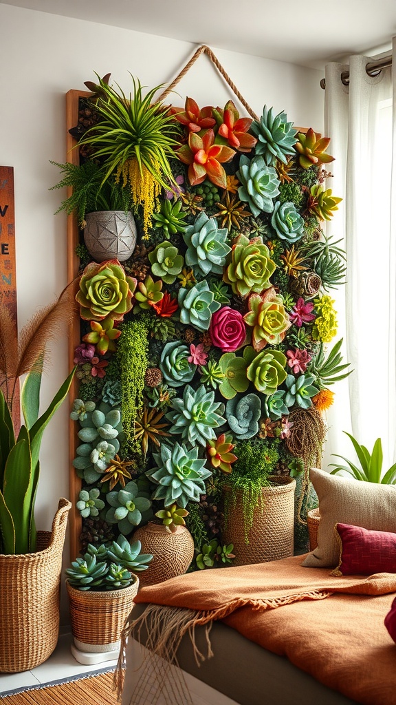 A beautiful succulent wall garden in a Boho jungle-themed bedroom