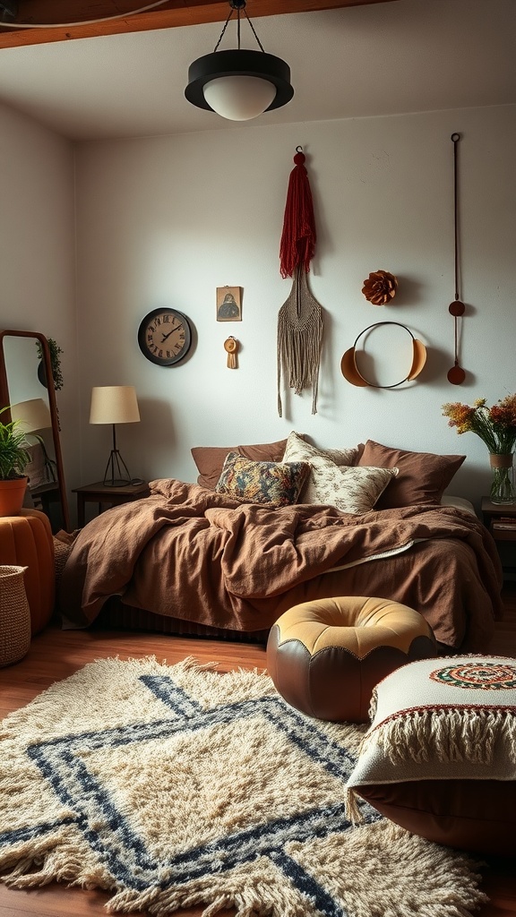 Cozy Boho style bedroom with suede and leather layers, featuring warm tones and textured elements.