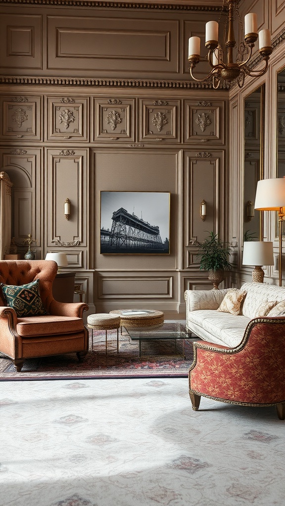 An opulent living room with an orange wingback chair, cream sofa, and elegant decor.