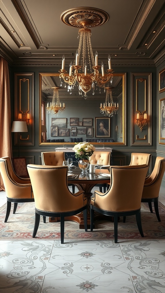 Luxurious Italian dining room featuring sumptuous upholstered chairs and elegant decor