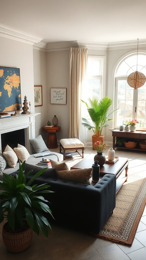 Living room with bright windows, dark furniture, and plants.