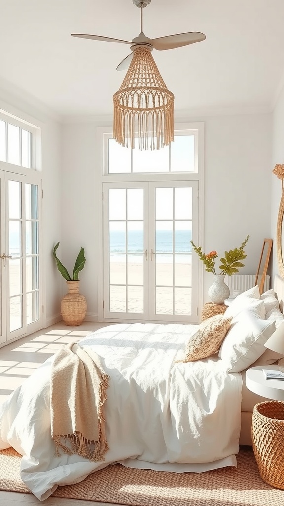 Sun-kissed boho bedroom with large windows overlooking the beach, featuring a macramé pendant light and cozy bedding.